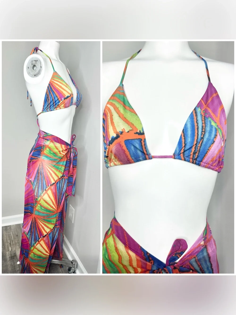 Fashion Nova Multicolor Shell-Print Triangle Bikini Top & Wrap Skirt Set-m